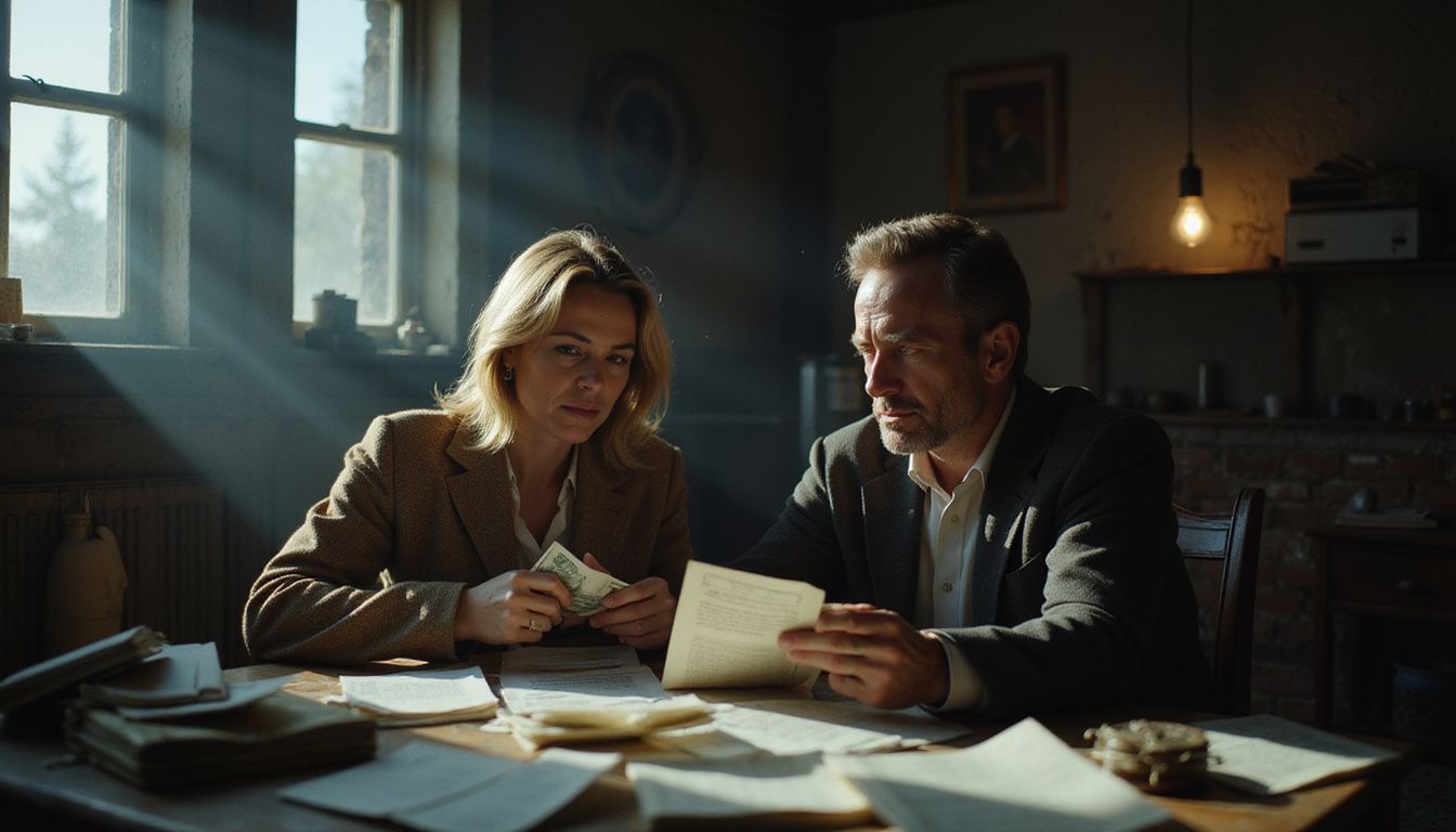 A couple in their 40s sit closely together, urgently scrutinizing paperwork. A couple in their 40s sit closely together, urgently scrutinizing paperwork.