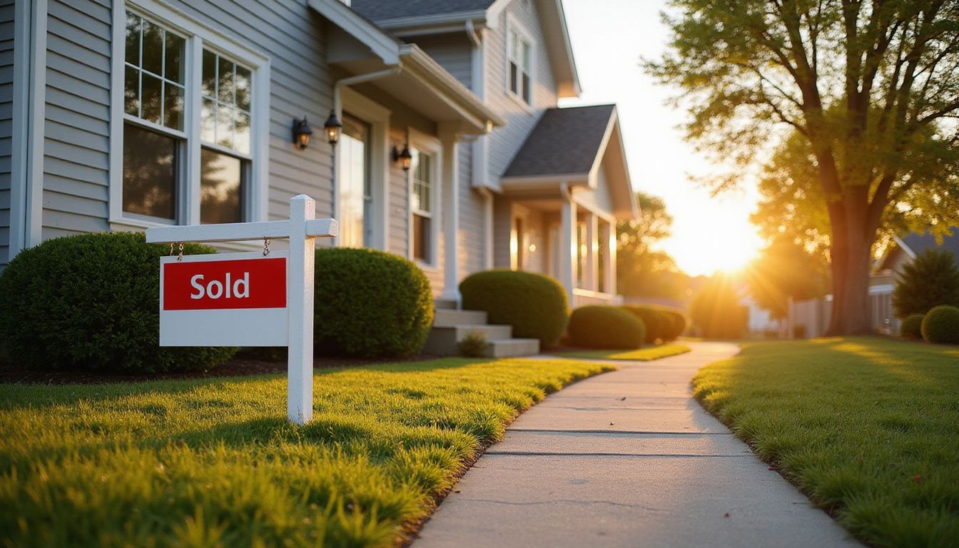 A suburban home with a 'SOLD' sign in the evening light. A suburban home with a 'SOLD' sign in the evening light.