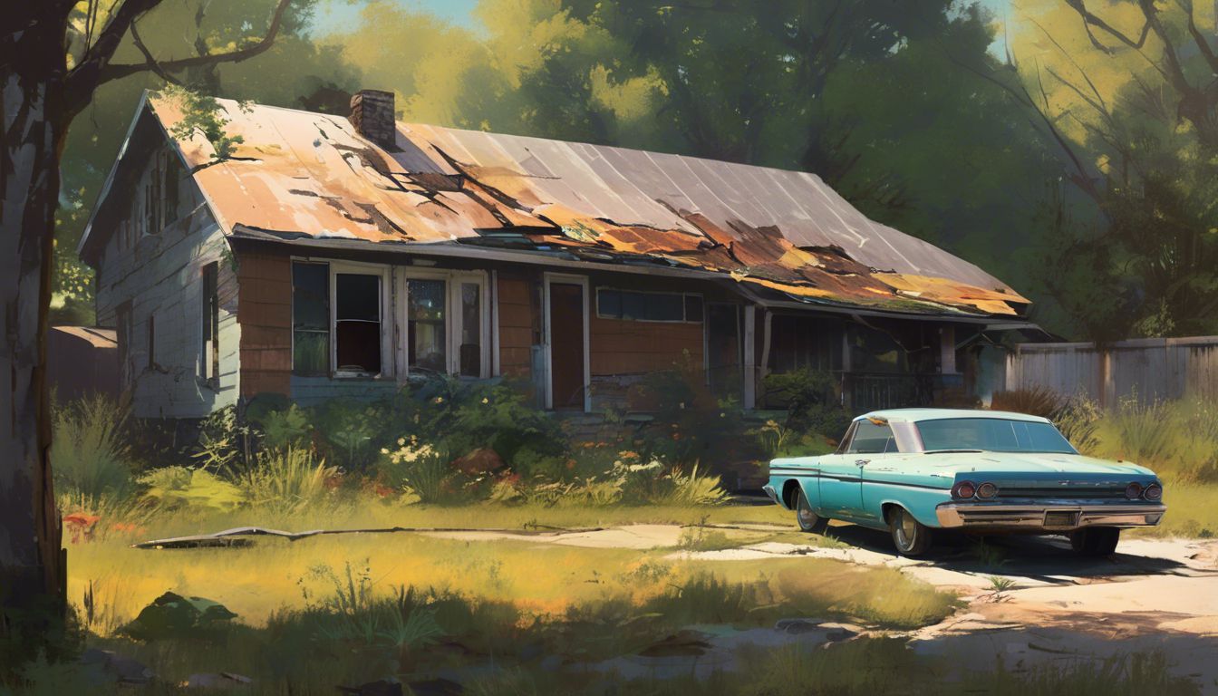 A rundown 1960s ranch-style house with peeling paint and overgrown yard. A rundown 1960s ranch-style house with peeling paint and overgrown yard.
