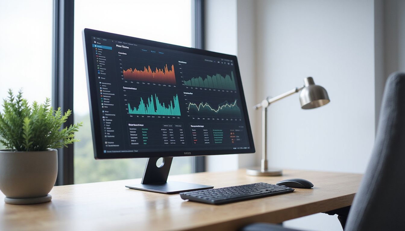A modern workspace with a sleek computer monitor displaying real estate analytics. A modern workspace with a sleek computer monitor displaying real estate analytics.
