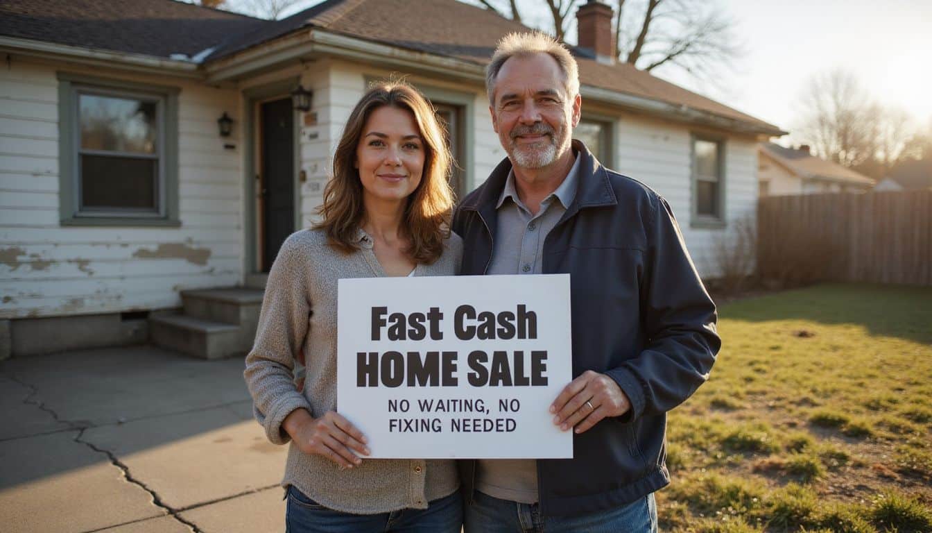 A middle-aged couple stands in front of a modest suburban home holding a sign advertising a fast cash home sale. A middle-aged couple stands in front of a modest suburban home holding a sign advertising a fast cash home sale.