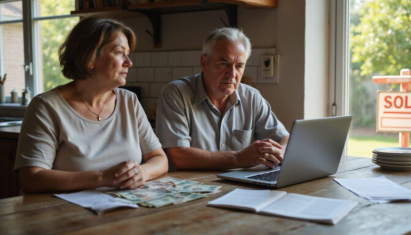 A couple sits at a kitchen table, reviewing real estate documents. A couple sits at a kitchen table, reviewing real estate documents.