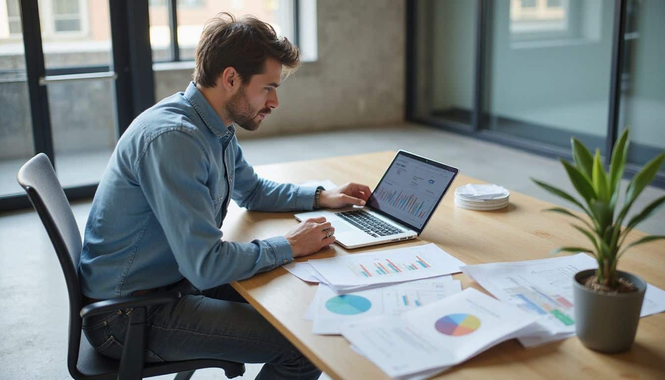 A real estate data analyst works at a modern office desk. A real estate data analyst works at a modern office desk.