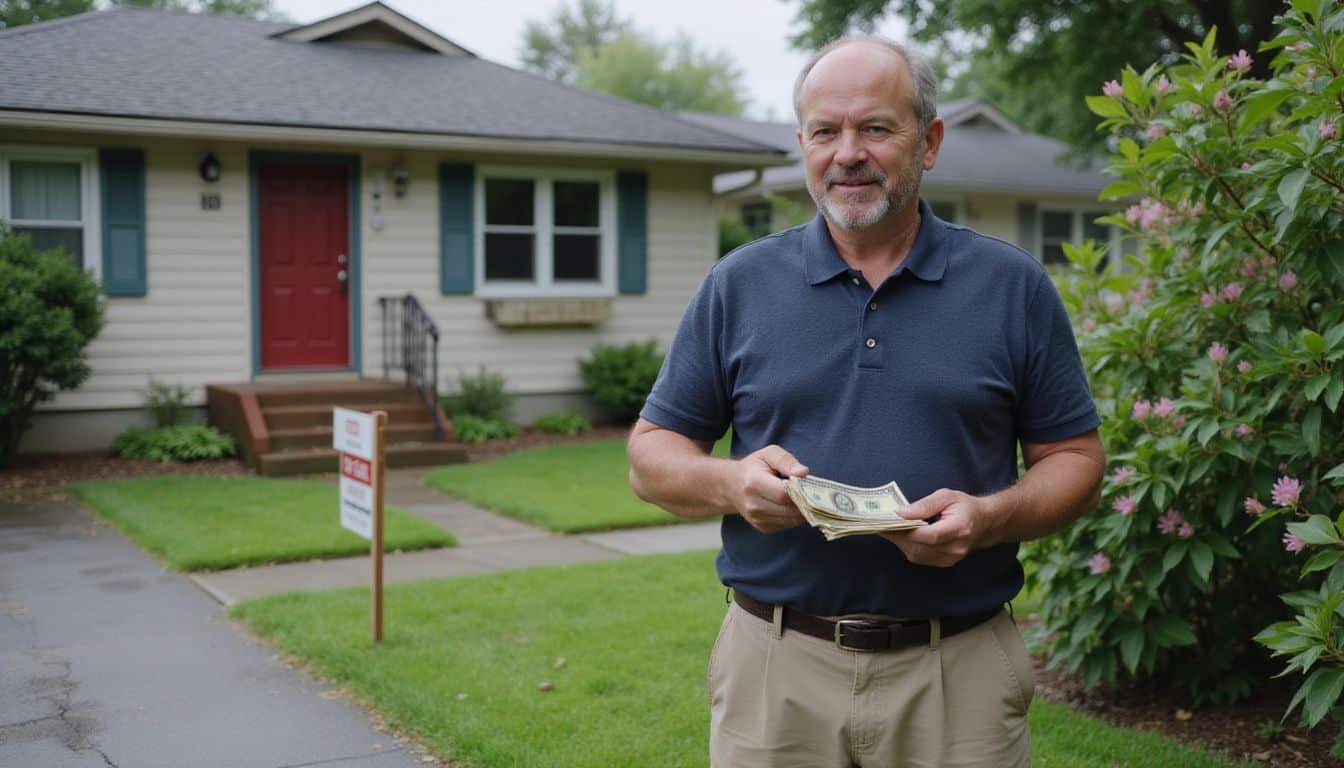 A man holding money in front of a suburban house for sale. A man holding money in front of a suburban house for sale.
