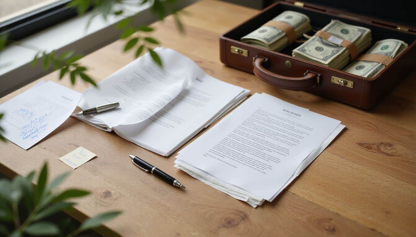 A neat, organized office desk with legal documents, cash, and handwritten notes. A neat, organized office desk with legal documents, cash, and handwritten notes.