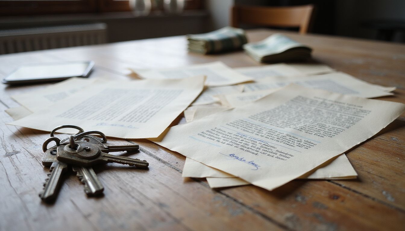 Cluttered kitchen table with documents, keys, and cash. Cluttered kitchen table with documents, keys, and cash.