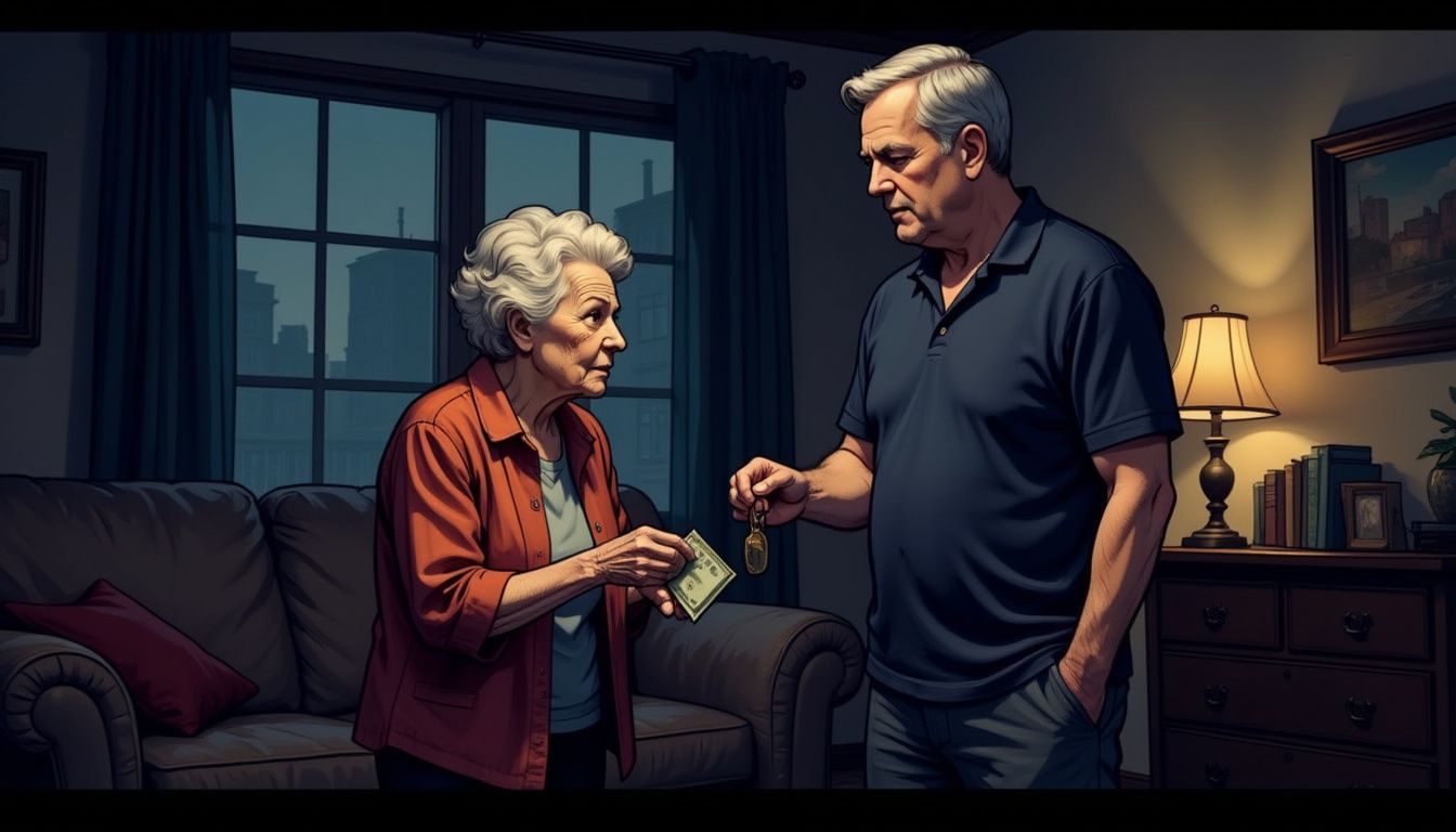 An elderly woman and a middle-aged man exchanging keys and cash. An elderly woman and a middle-aged man exchanging keys and cash.