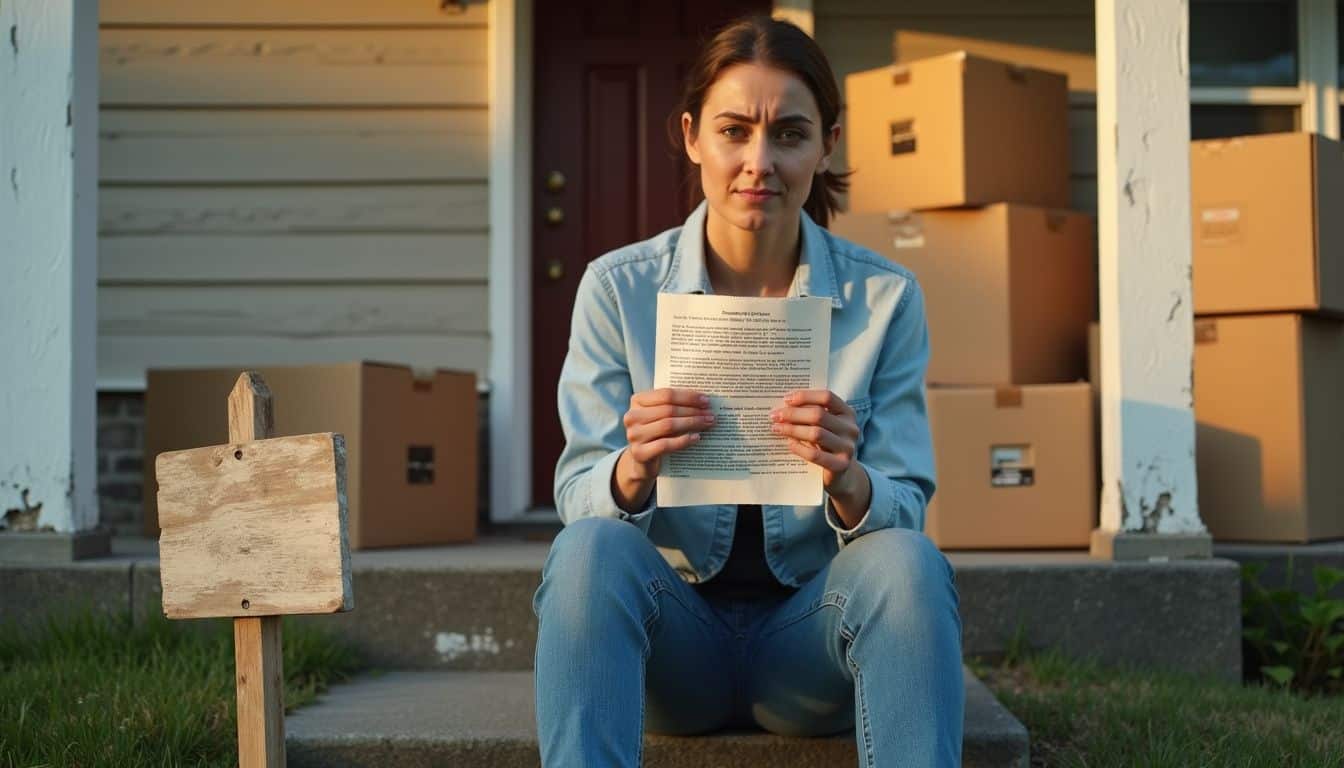 A distressed woman sits on the front steps with a foreclosure notice. A distressed woman sits on the front steps with a foreclosure notice.