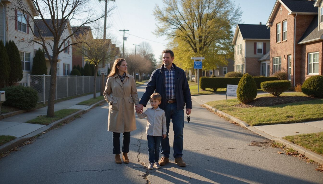 A family stands at a crossroads between two different neighborhoods. A family stands at a crossroads between two different neighborhoods.