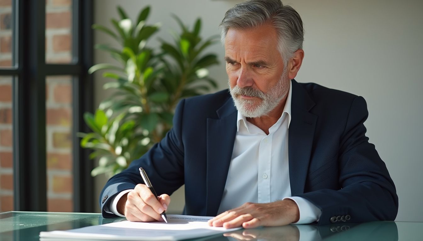 A middle-aged man in a navy blazer signs legal documents in a contemporary office. A middle-aged man in a navy blazer signs legal documents in a contemporary office.