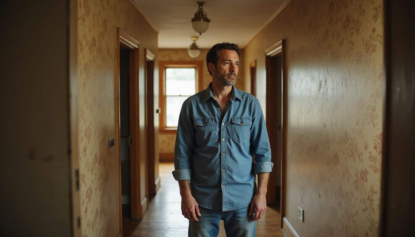 A middle-aged man stands in a worn, dated home, contemplating. A middle-aged man stands in a worn, dated home, contemplating.