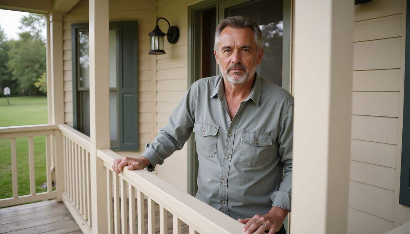 A middle-aged man inspects modern light fixtures on a new porch. A middle-aged man inspects modern light fixtures on a new porch.