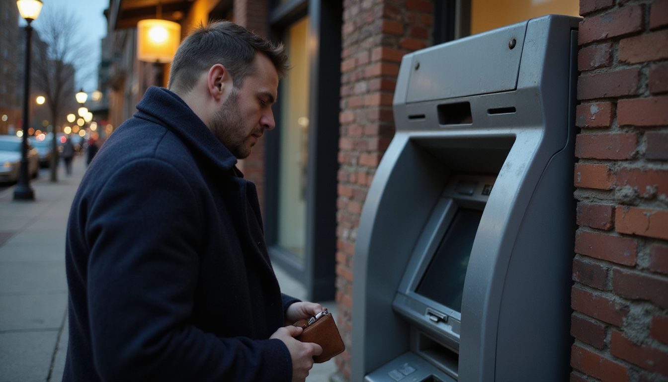 A man uses an ATM on a quiet urban street corner. A man uses an ATM on a quiet urban street corner.