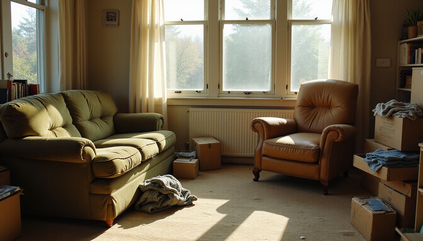 A cluttered living room with worn furniture and stacked cardboard boxes. A cluttered living room with worn furniture and stacked cardboard boxes.