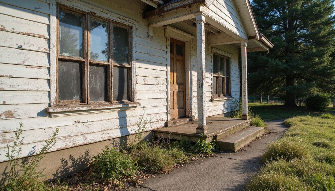 An aging, weathered wooden house in need of repairs and renovations. An aging, weathered wooden house in need of repairs and renovations.