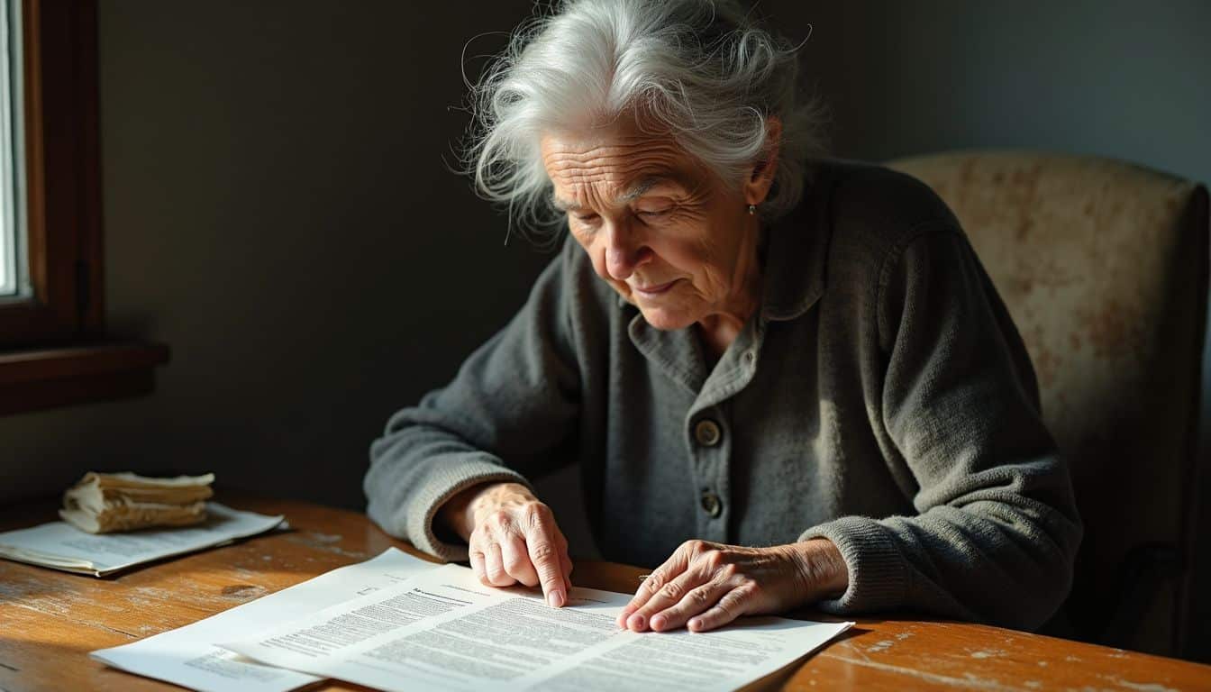 An elderly woman organizes inherited property sales documents at her desk. An elderly woman organizes inherited property sales documents at her desk.