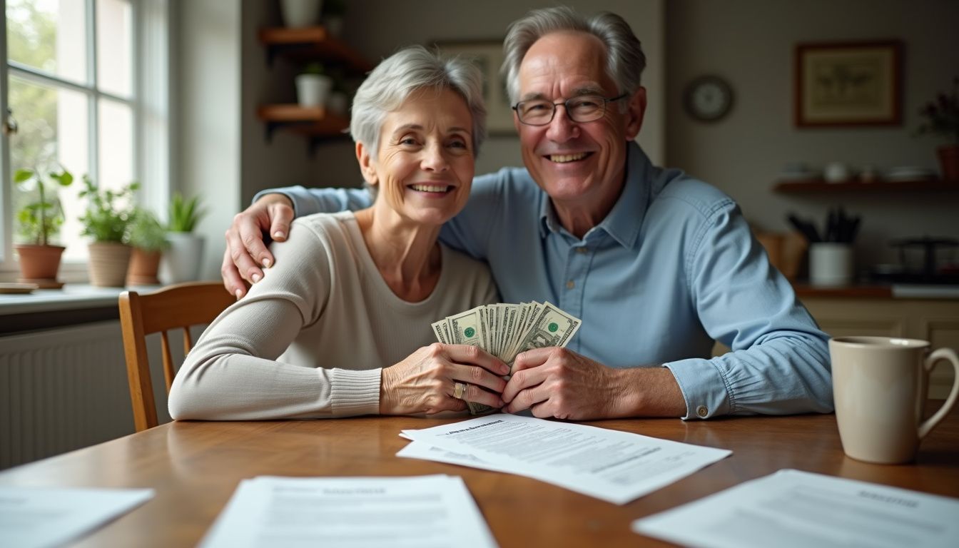 A couple sits at a kitchen table with a stack of bills and house sale documents, signaling a hopeful transition. A couple sits at a kitchen table with a stack of bills and house sale documents, signaling a hopeful transition.