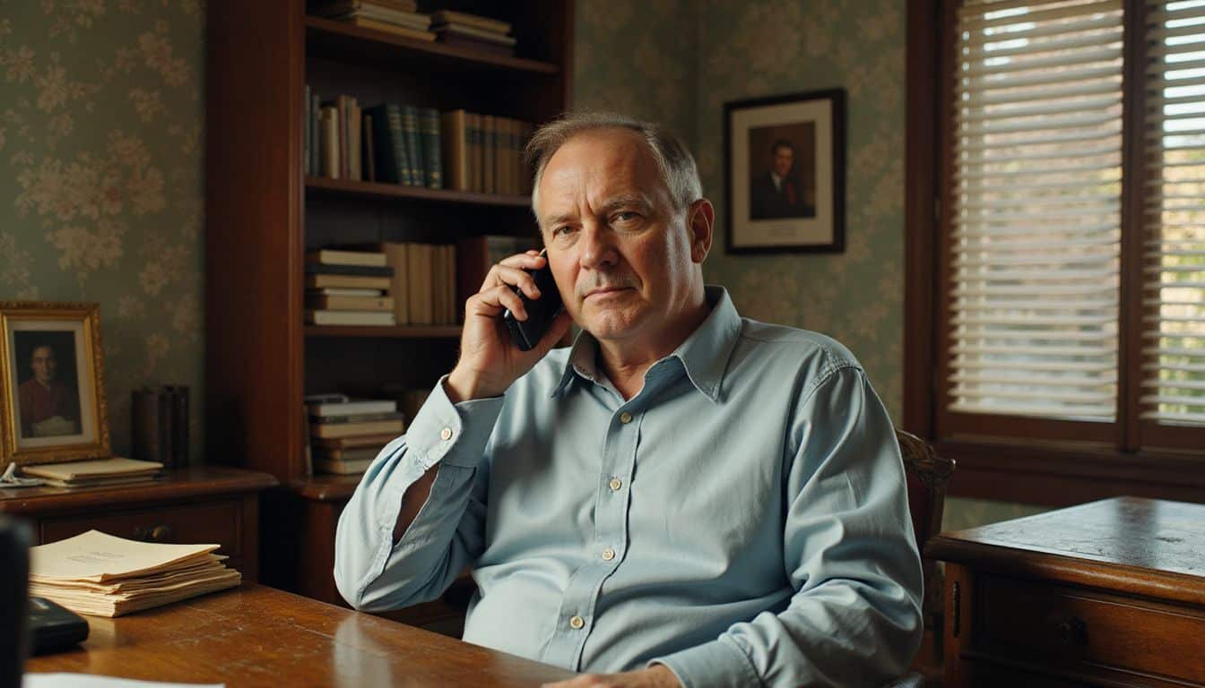 A middle-aged man speaks on the phone in his cluttered office. A middle-aged man speaks on the phone in his cluttered office.