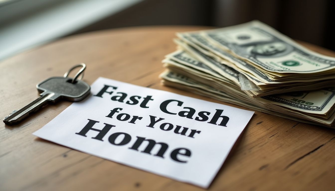 A house key beside cash and a 'Fast Cash for Your Home' sign. A house key beside cash and a 'Fast Cash for Your Home' sign.