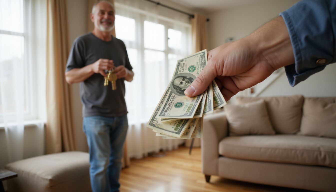 A homeowner and cash buyer finalize a private home sale. A homeowner and cash buyer finalize a private home sale.