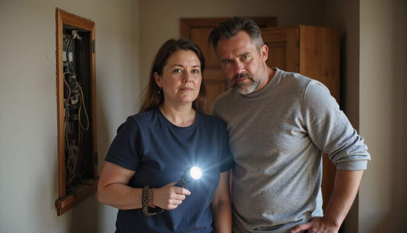 A concerned couple inspects exposed wiring near an electrical panel. A concerned couple inspects exposed wiring near an electrical panel.