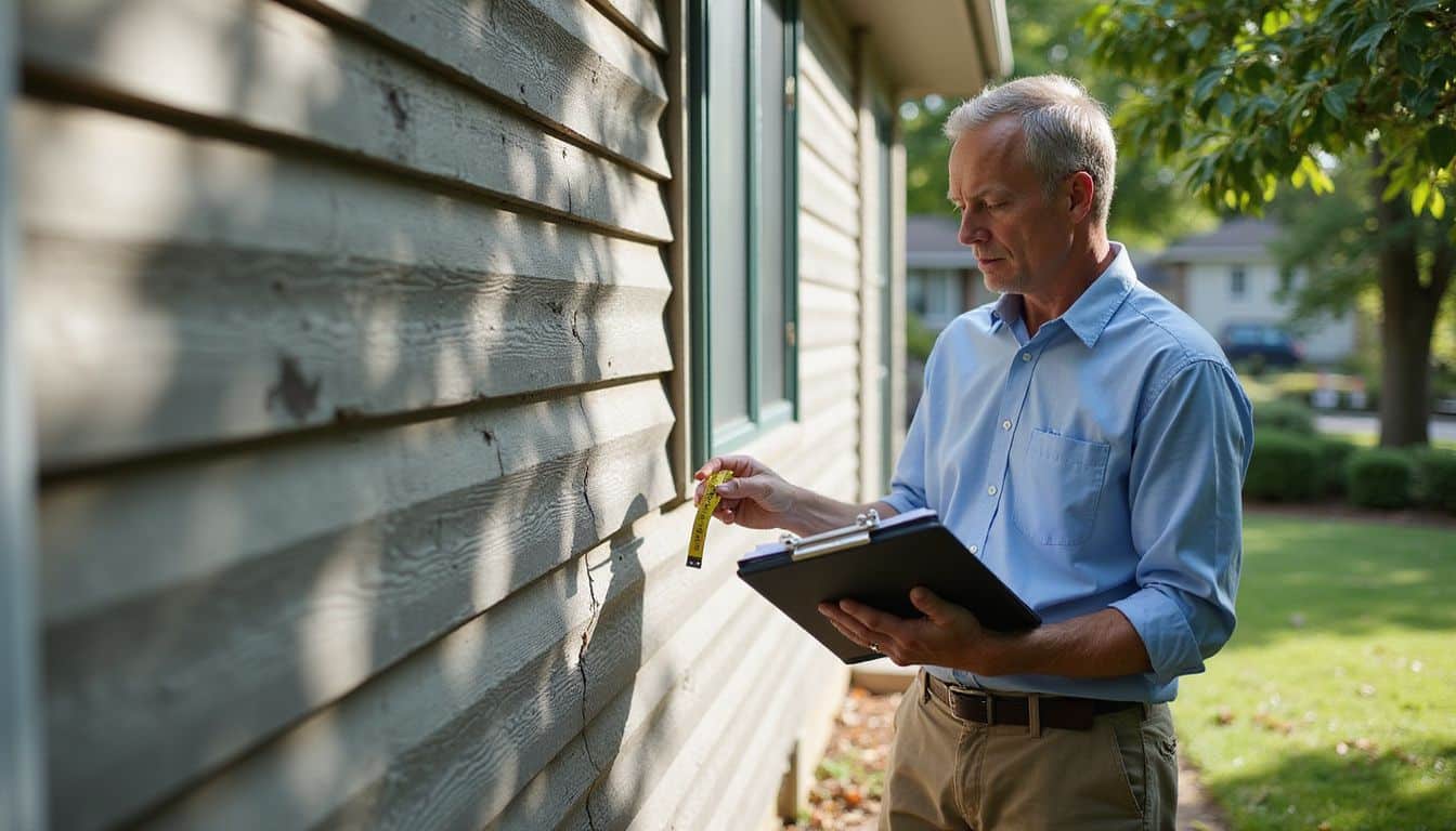 An appraiser examines a suburban house's exterior with measuring tape. An appraiser examines a suburban house's exterior with measuring tape.