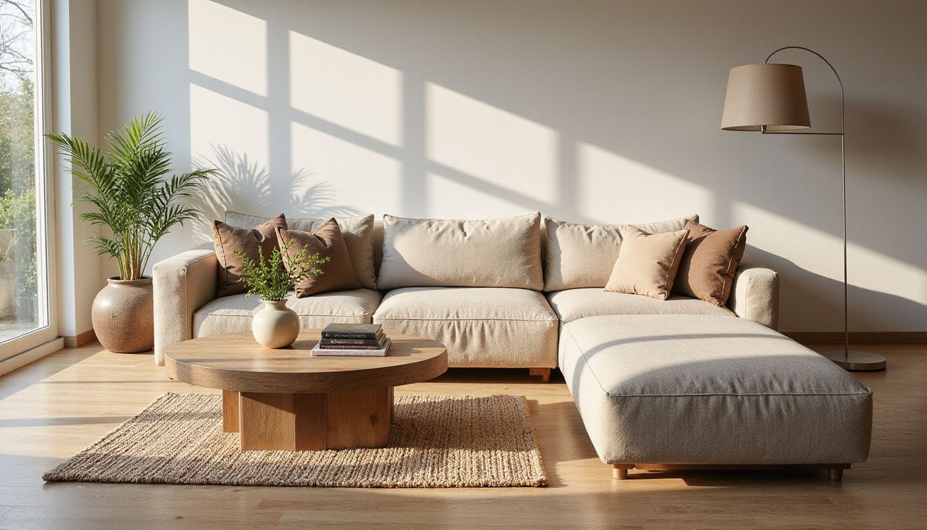 A modern, inviting living room with organized decor and natural elements. A modern, inviting living room with organized decor and natural elements.