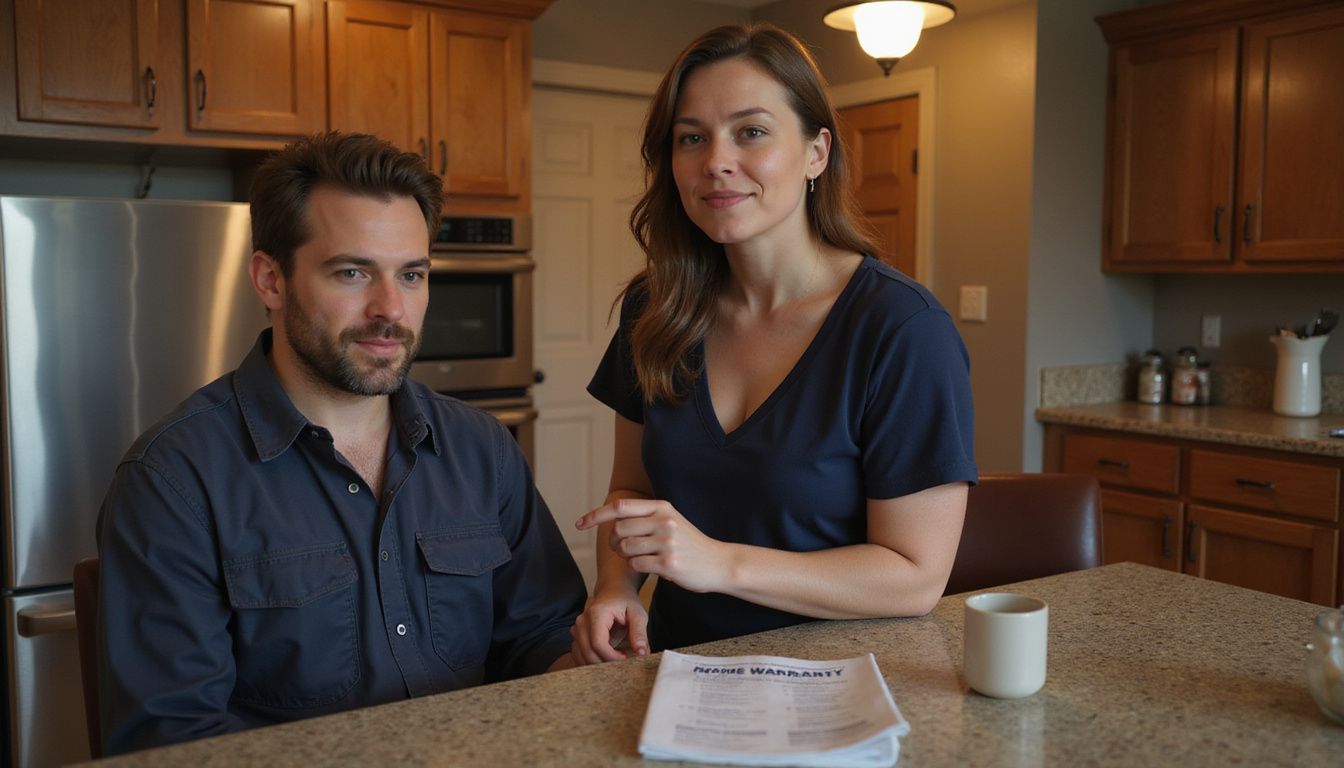A woman watches a repairman fix the dishwasher in her kitchen. A woman watches a repairman fix the dishwasher in her kitchen.