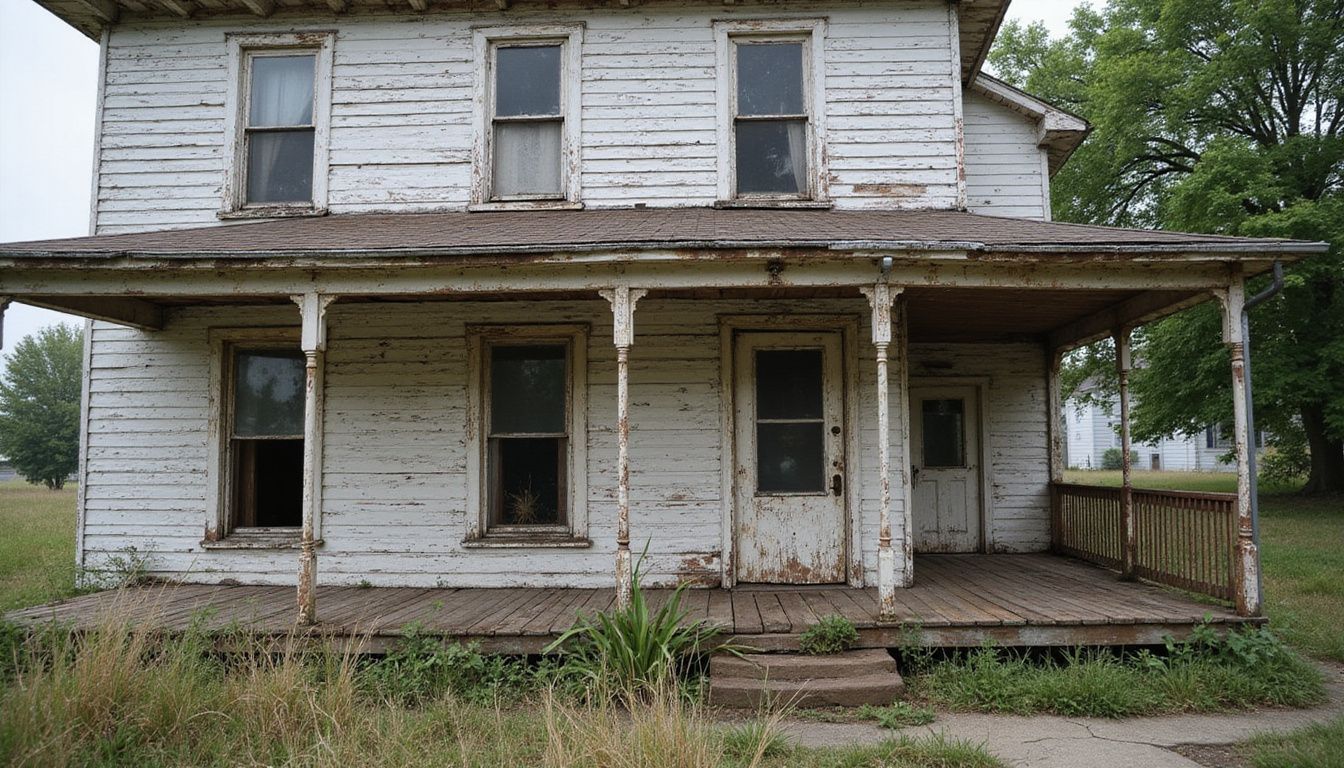 A weathered, neglected two-story house with overgrown yard and peeling paint. A weathered, neglected two-story house with overgrown yard and peeling paint.